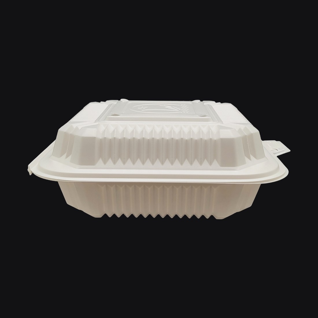 Hinged Clamshell 8"x8"x3", 3-Compartment, White PP (4 Vent Holes)